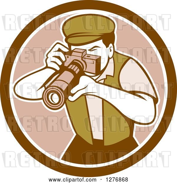 Vector Clip Art of Retro Male Photographer Taking Pictures in a Brown and White Circle