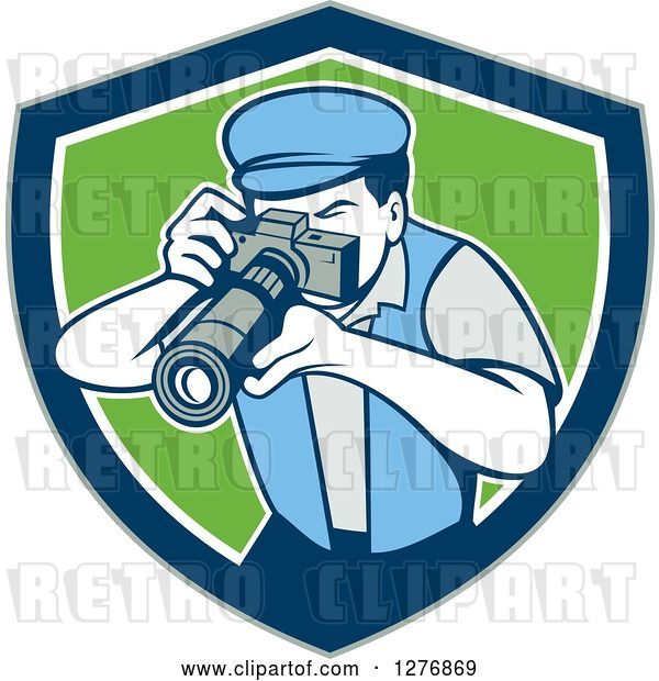 Vector Clip Art of Retro Male Photographer Taking Pictures in a Gray Blue White and Green Shield