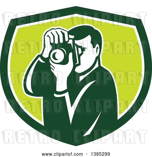 Vector Clip Art of Retro Male Photographer Taking Pictures in a Green and White Shield