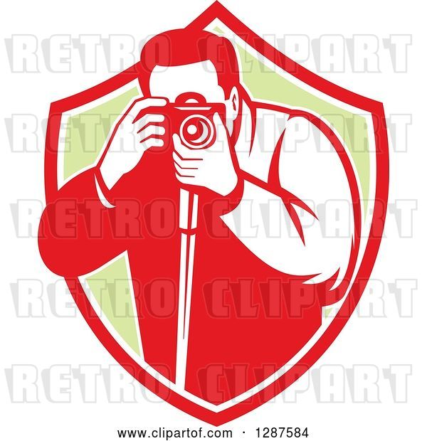 Vector Clip Art of Retro Male Photographer Taking Pictures in a Red White and Green Shield