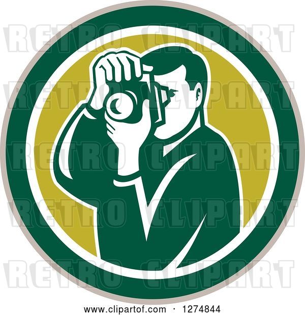 Vector Clip Art of Retro Male Photographer Taking Pictures in a Taupe Green and White Circle