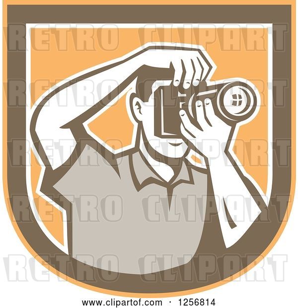 Vector Clip Art of Retro Male Photographer Taking Pictures in an Orange Brown and White Shield