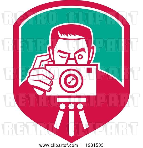 Vector Clip Art of Retro Male Photographer Taking Pictures on a Tripod in a Pink White and Turquoise Shield