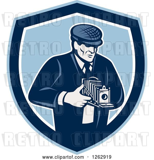 Vector Clip Art of Retro Male Photographer Using a Bellows Camera in a Blue and White Shield