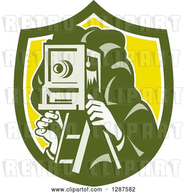 Vector Clip Art of Retro Male Photographer Using a Box Camera in a Green White and Yellow Shield