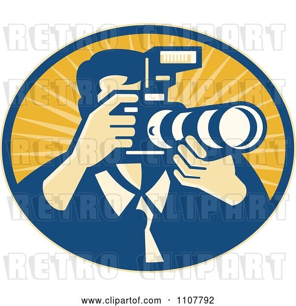 Vector Clip Art of Retro Male Photographer Using a DSLR Zoom Lense Camera in an Oval of Rays
