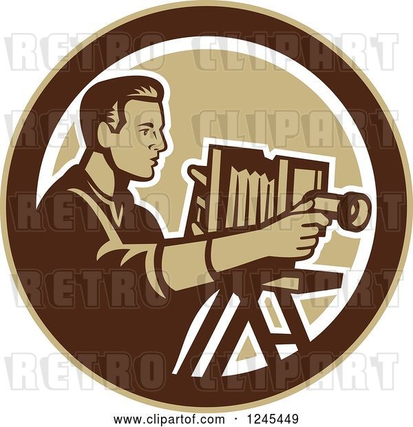 Vector Clip Art of Retro Male Photographer with a Bellows Camera in a Circle