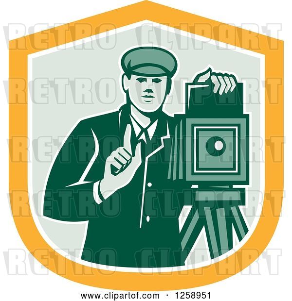Vector Clip Art of Retro Male Photographer with a Bellows Camera in a Yellow White and Green Shield