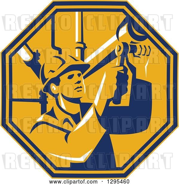 Vector Clip Art of Retro Male Pipe Fitter Plumber Working in a Yellow and Orange Octagon