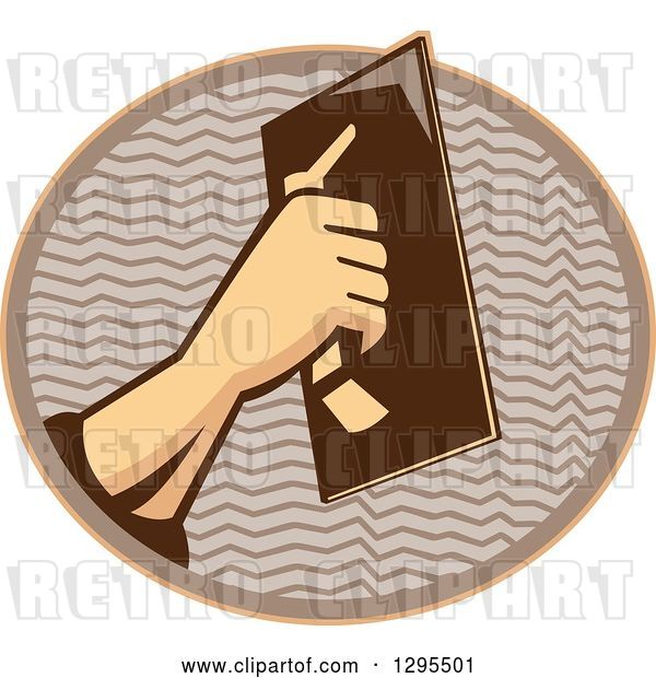 Vector Clip Art of Retro Male Plasterer Hand Working in a Brown and Orange Oval