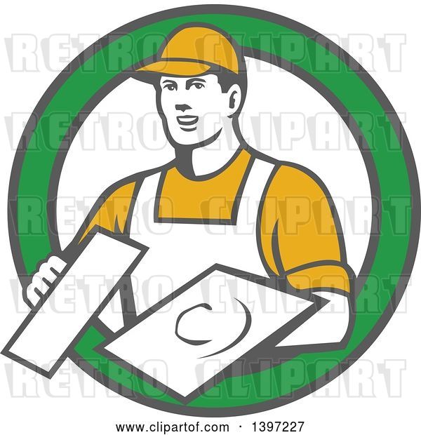 Vector Clip Art of Retro Male Plasterer Holding Trowels in a Green and White Circle