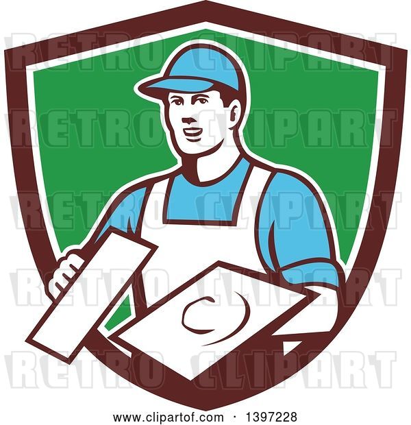 Vector Clip Art of Retro Male Plasterer Holding Trowels in a Shield