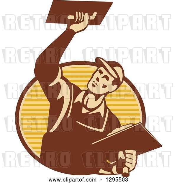 Vector Clip Art of Retro Male Plasterer Working and Emerging from a Brown and Yellow Oval