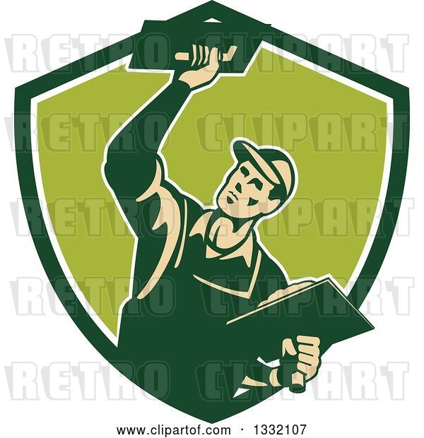 Vector Clip Art of Retro Male Plasterer Working with Trowels in a Green and White Shield
