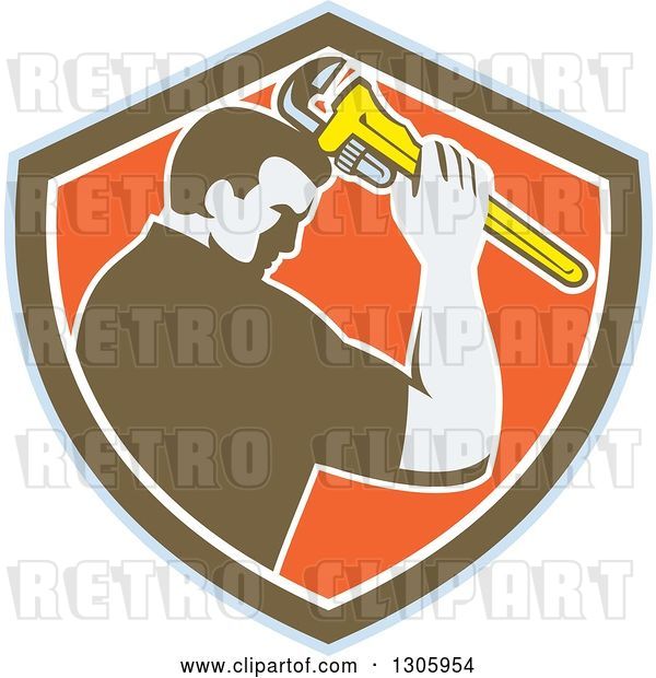 Vector Clip Art of Retro Male Plumber Bowing and Holding a Monkey Wrench to His Head in a Blue Brown White and Orange Shield