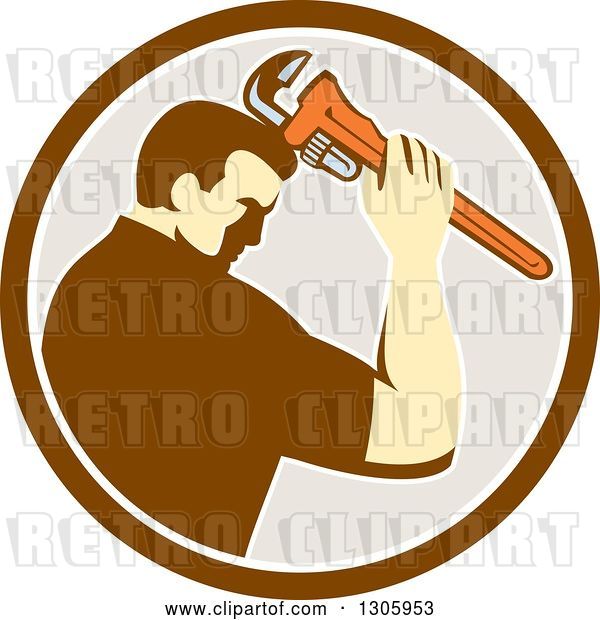 Vector Clip Art of Retro Male Plumber Bowing and Holding a Monkey Wrench to His Head in a Brown White and Beige Circle