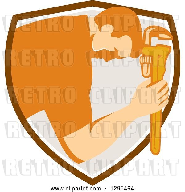 Vector Clip Art of Retro Male Plumber Bowing and Holding a Monkey Wrench to His Head in a Shield