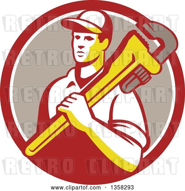 Vector Clip Art of Retro Male Plumber Holding a Giant Monkey Wrench over His Shoulder in a Red White and Taupe Circle