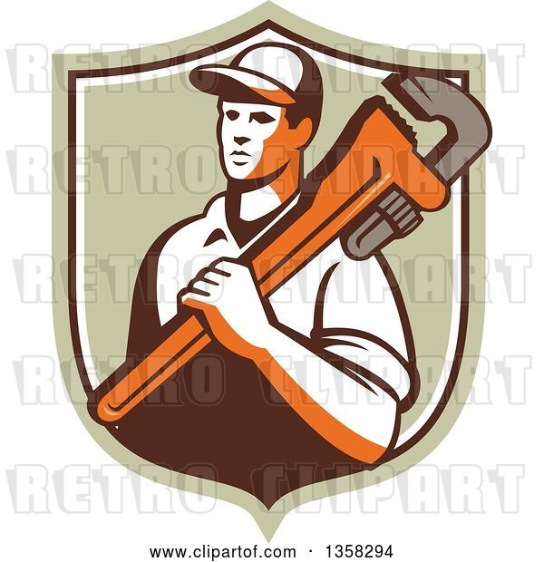 Vector Clip Art of Retro Male Plumber Holding a Giant Monkey Wrench over His Shoulder in a Shield