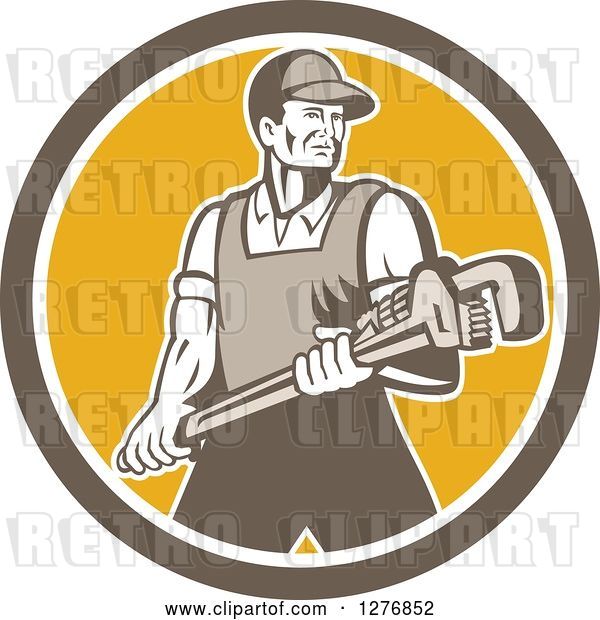 Vector Clip Art of Retro Male Plumber Holding a Large Monkey Wrench in a Brown White and Yellow Circle