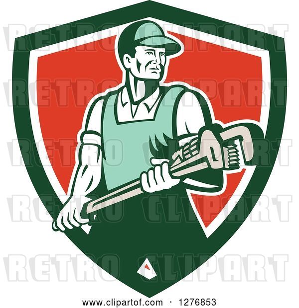 Vector Clip Art of Retro Male Plumber Holding a Large Monkey Wrench in a Green White and Red Shield