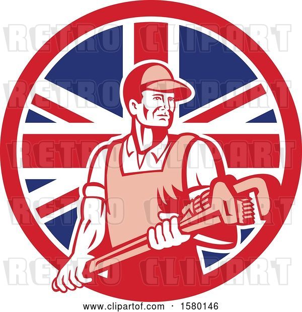 Vector Clip Art of Retro Male Plumber Holding a Large Monkey Wrench in a Union Jack Flag Circle