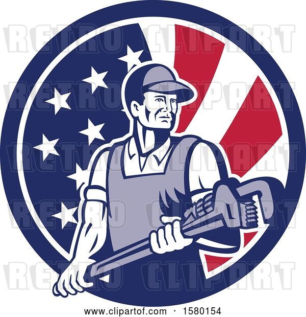Vector Clip Art of Retro Male Plumber Holding a Large Monkey Wrench in an American Flag Circle