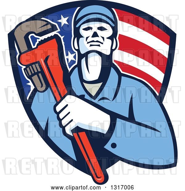 Vector Clip Art of Retro Male Plumber Holding a Monkey Wrench and Amerging from an American Flag Shield