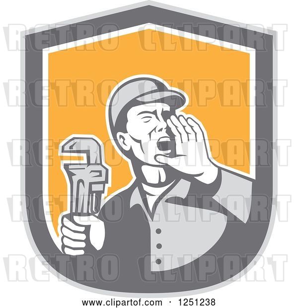 Vector Clip Art of Retro Male Plumber Holding a Monkey Wrench and Calling out in a Shield