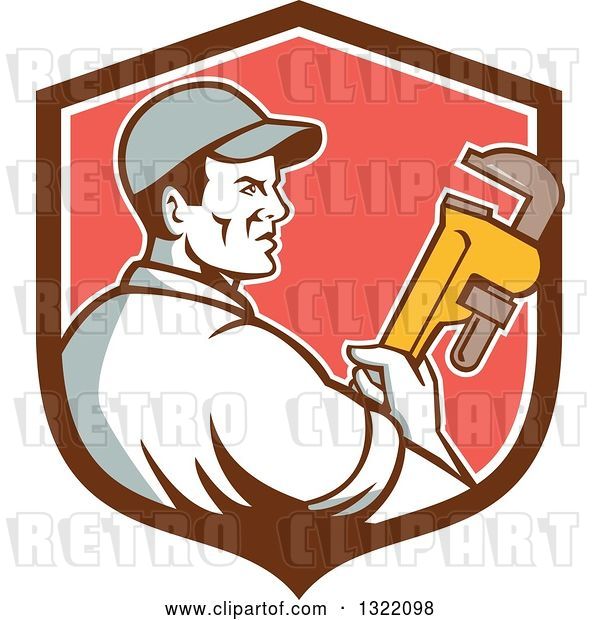 Vector Clip Art of Retro Male Plumber Holding a Monkey Wrench and Looking to the Side in a Brown White and Red Shield