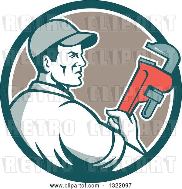 Vector Clip Art of Retro Male Plumber Holding a Monkey Wrench and Looking to the Side in a Teal White and Tan Circle