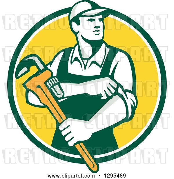 Vector Clip Art of Retro Male Plumber Holding a Monkey Wrench and Rolling up His Sleeves in a Green White and Yellow Circle