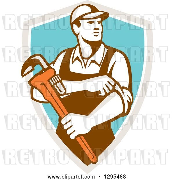 Vector Clip Art of Retro Male Plumber Holding a Monkey Wrench and Rolling up His Sleeves in a Taupe White and Turquoise Shield