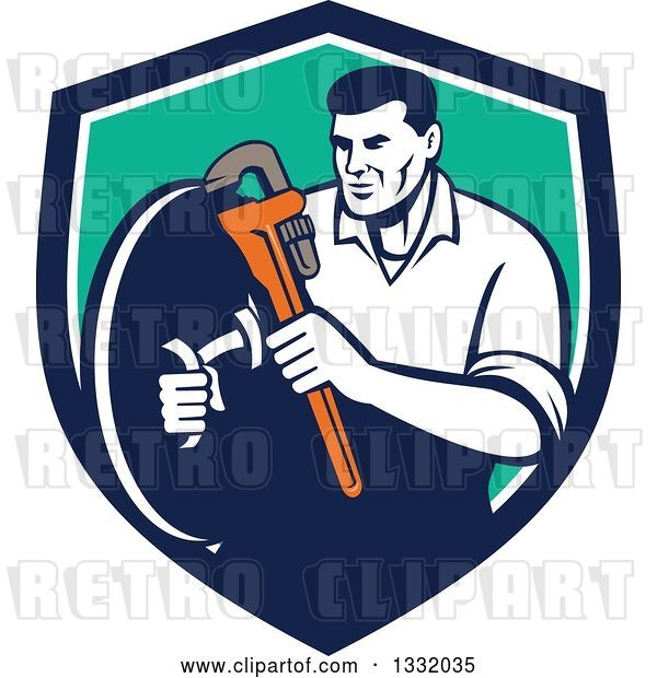 Vector Clip Art of Retro Male Plumber Holding a Monkey Wrench and Shield in a Blue White and Turquoise Shield
