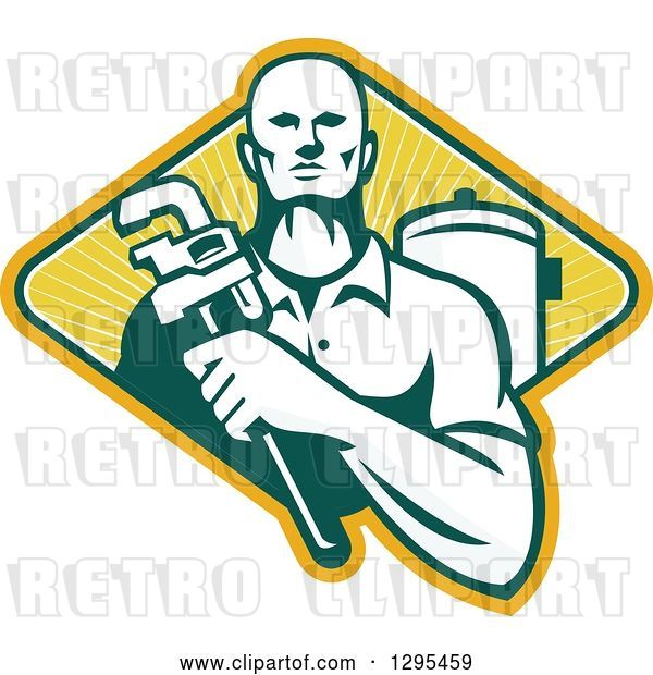 Vector Clip Art of Retro Male Plumber Holding a Monkey Wrench by a Tank in a Yellow Green and White Ray Diamond