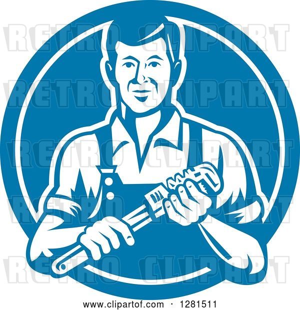 Vector Clip Art of Retro Male Plumber Holding a Monkey Wrench in a Blue and White Circle