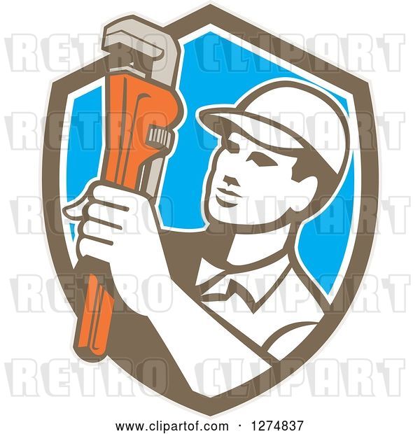 Vector Clip Art of Retro Male Plumber Holding a Monkey Wrench in a Brown White and Blue Shield