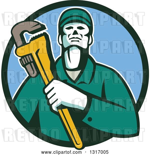 Vector Clip Art of Retro Male Plumber Holding a Monkey Wrench in a Green and Blue Circle