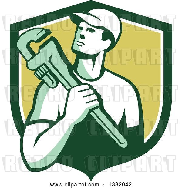 Vector Clip Art of Retro Male Plumber Holding a Monkey Wrench in a Green and White Shield