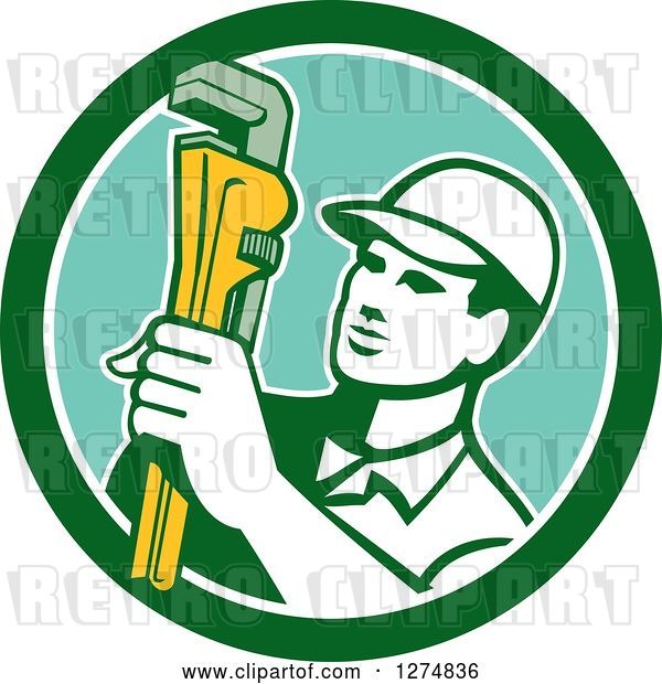 Vector Clip Art of Retro Male Plumber Holding a Monkey Wrench in a Green White and Turquoise Circle