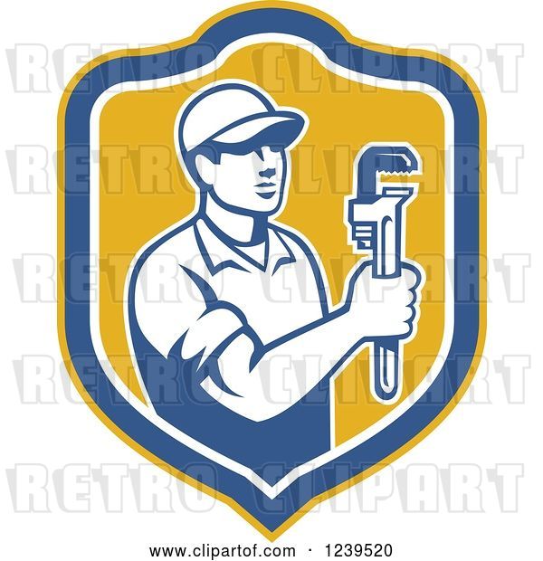 Vector Clip Art of Retro Male Plumber Holding a Monkey Wrench in a Shield