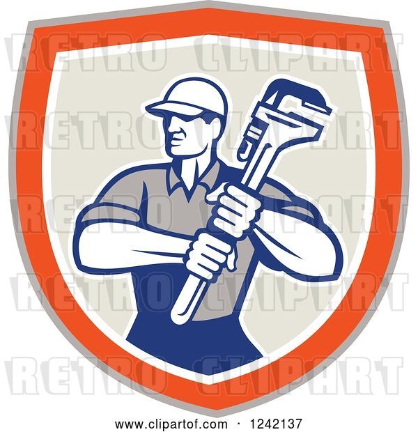 Vector Clip Art of Retro Male Plumber Holding a Monkey Wrench in a Shield
