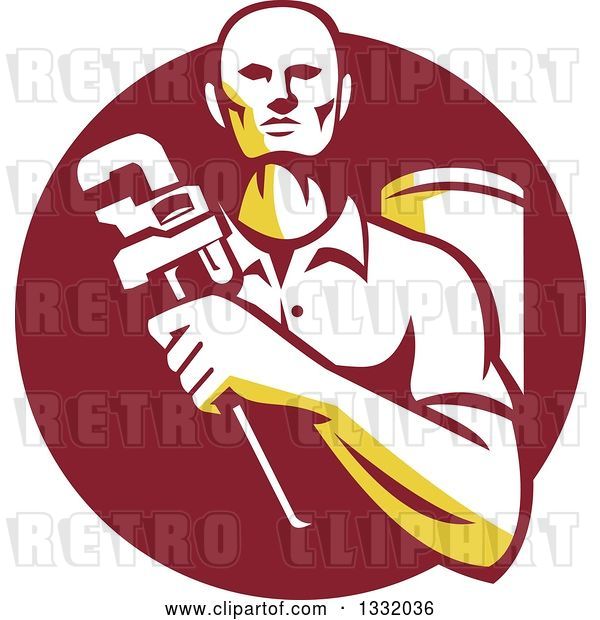 Vector Clip Art of Retro Male Plumber Holding a Monkey Wrench in Front of a Tank in a Maroon Circle