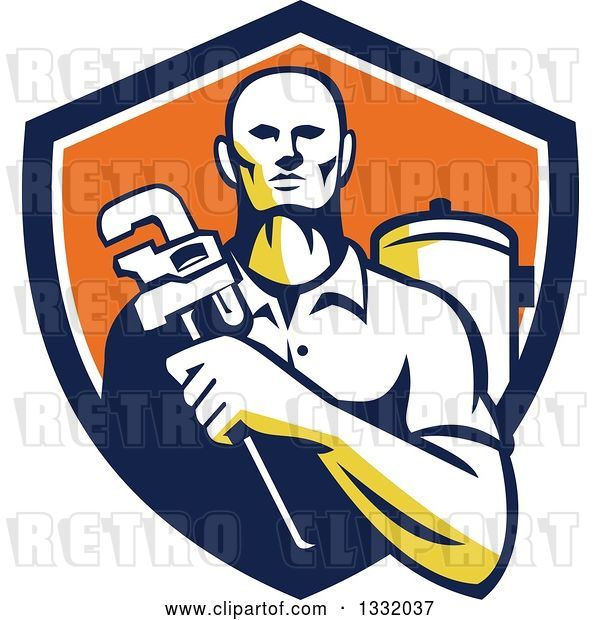 Vector Clip Art of Retro Male Plumber Holding a Monkey Wrench in Front of a Tank in a Navy Blue, White and Orange Shield