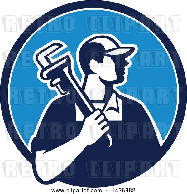 Vector Clip Art of Retro Male Plumber Holding a Monkey Wrench over His Shoulder in a Blue and White Circle