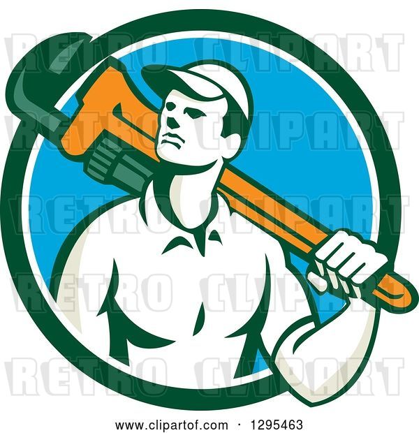 Vector Clip Art of Retro Male Plumber Holding a Monkey Wrench over His Shoulder in a Blue White and Green Circle