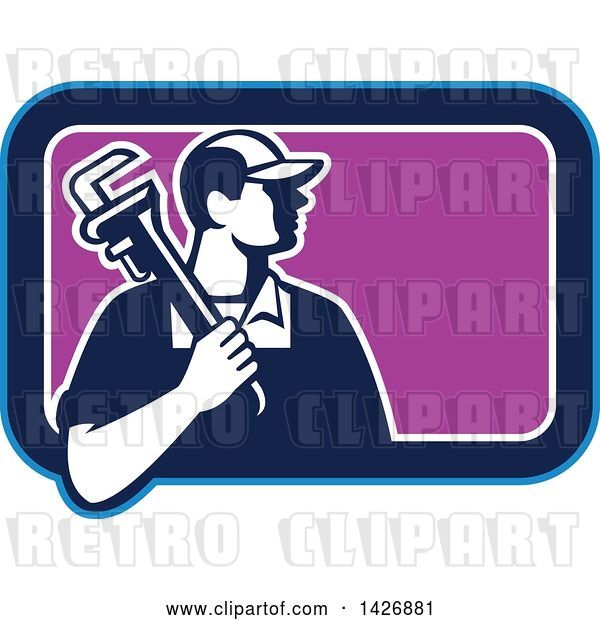 Vector Clip Art of Retro Male Plumber Holding a Monkey Wrench over His Shoulder in a Blue White and Purple Rectangle