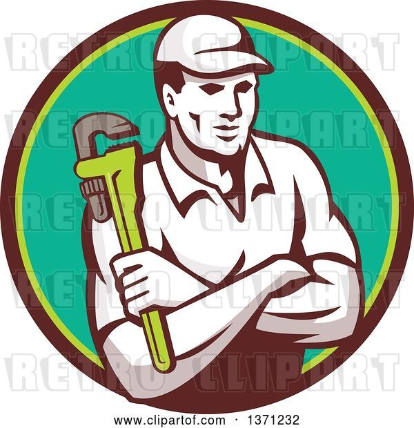 Vector Clip Art of Retro Male Plumber Holding a Monkey Wrench, with Folded Arms in a Brown and Green Circle