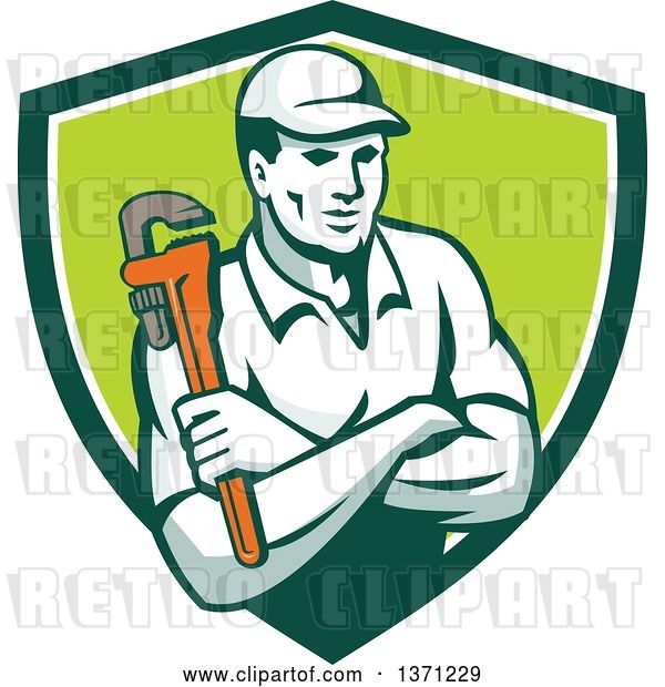 Vector Clip Art of Retro Male Plumber Holding a Monkey Wrench, with Folded Arms in a Green and White Shield