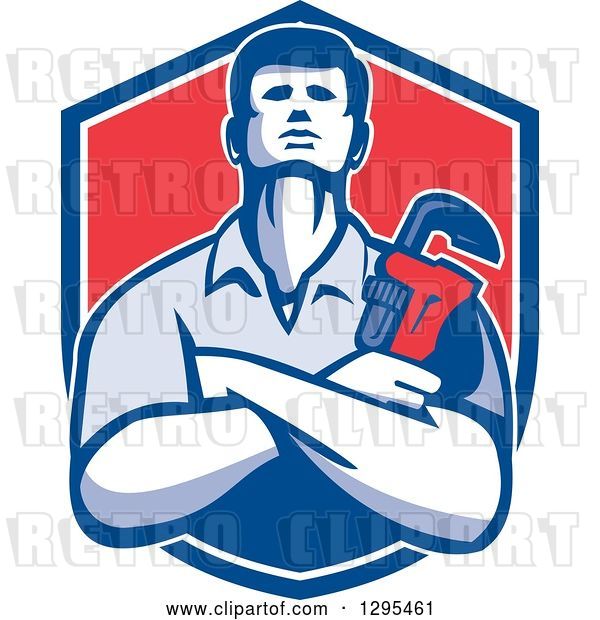Vector Clip Art of Retro Male Plumber with Folded Arms, Holding a Monkey Wrench in a Blue White and Red Shield